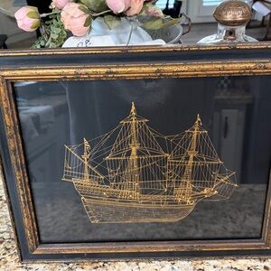 Vintage Gold Ship Art in Black Frame